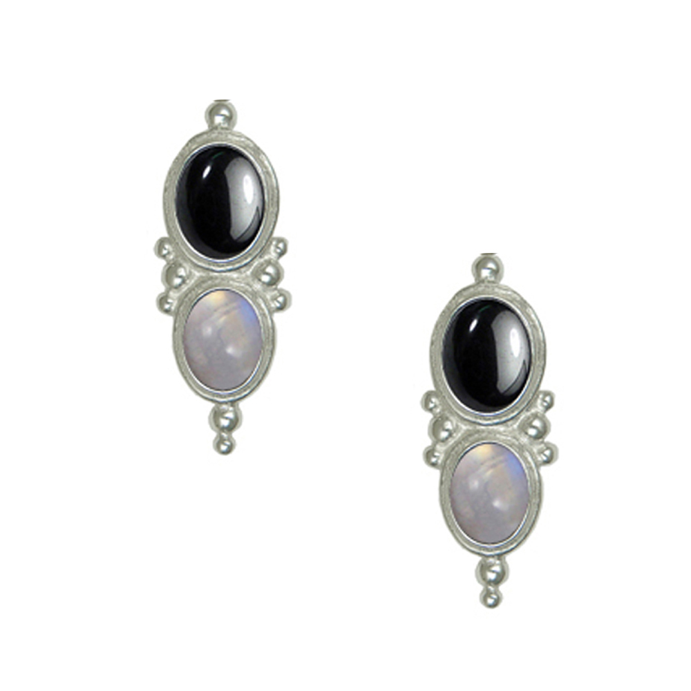 Sterling Silver Drop Dangle Earrings With Hematite And Rainbow Moonstone